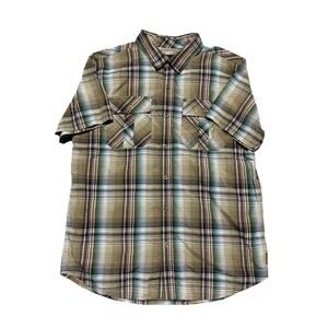 Prana Shirt Mens Large Green Plaid Organic Cotton Short Sleeve Button Designer